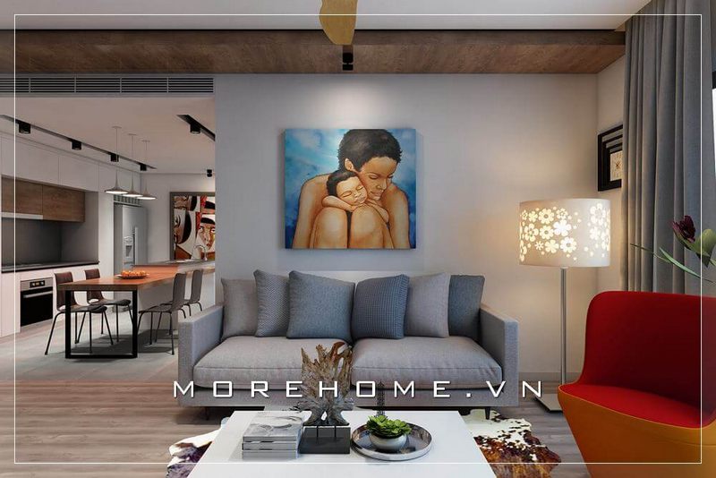 Tối ưu không gian phòng khách căn hộ nhỏ với bộ sofa bọc vải tone xám tinh tế kiểu văng đôi đơn giản của phong cách thiết kế hiện đại trẻ trung.