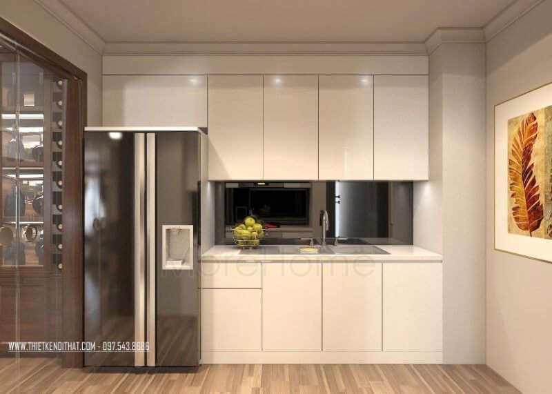 Tủ bếp hiên đại được lắp đặt gọn gàng tạo một mặt phẳng tiện nghi, đa năng, không tốn quá nhiều diện tích mà vẫn đầy đủ tính công năng.