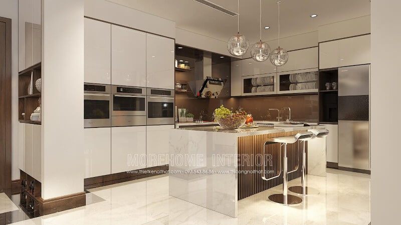 Thiết kế tủ bếp chữ L hiện đại, tone màu trắng chủ đạo tạo nên một không gian đầy sang trọng và không kém phần đẳng cấp, tinh tế