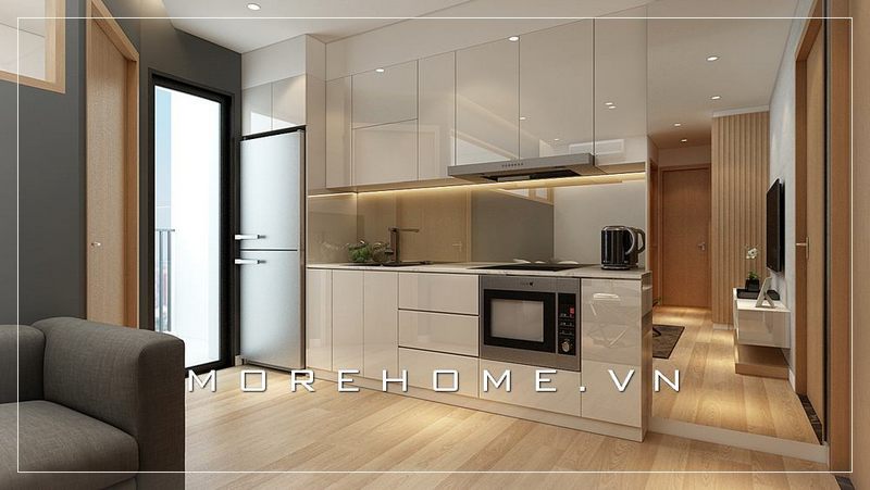 Mẫu tủ bếp gỗ công nghiệp màu trắng hiện đại, đơn giản cho nhà chung cư