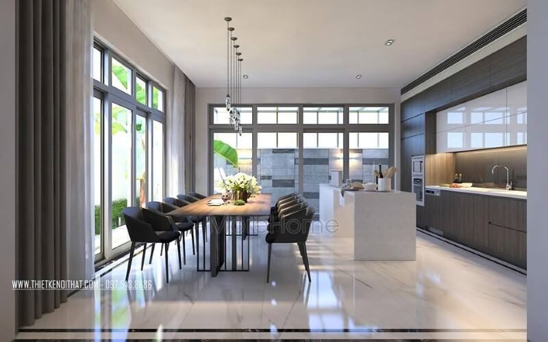 Thiết kế nội thất phòng ăn hiện đại nhưng đẹp thông thoáng bởi ý tưởng tạo nên không gian mở từ hệ cửa kính rộng, lớn.