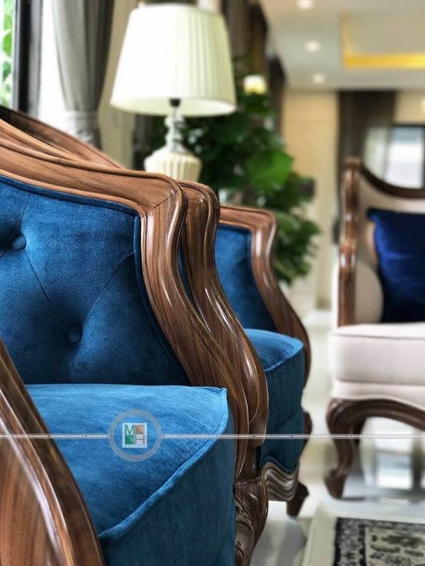 Sofa đơn gỗ óc chó bọc nỉ màu xanh sang trọng cho phòng khách biệt thự Ecopark