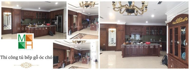 Mẫu tủ bếp gỗ óc chó tân cổ điển cao cấp được nội thất MoreHome thiết kế và thi công trọn gói.