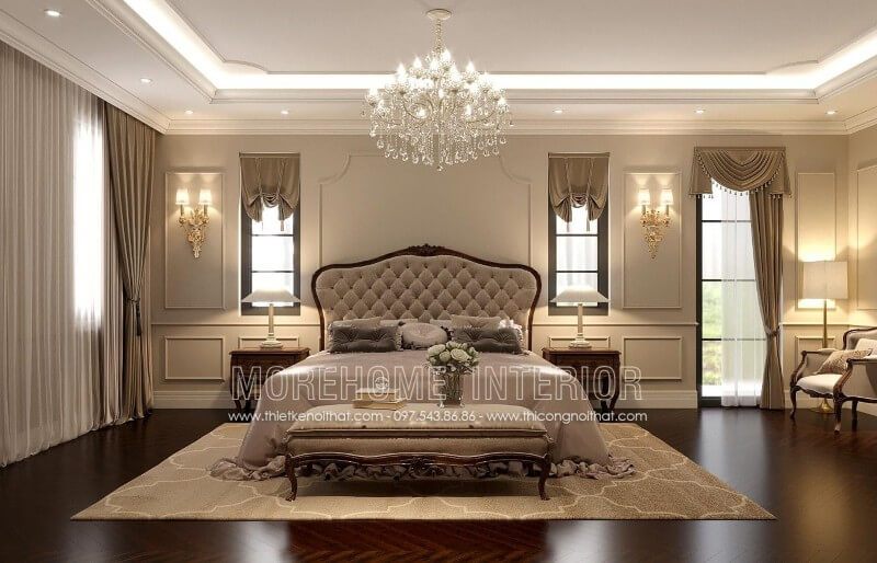 Luôn có nhiều cách thể hiện vẻ đẹp nghệ thuật cho những không gian phòng ngủ biệt thự tân cổ điển. Mẫu thiết kế nội thất phòng ngủ biệt thự này - Giường ngủ tân cổ điển gỗ óc chó này là một minh chứng