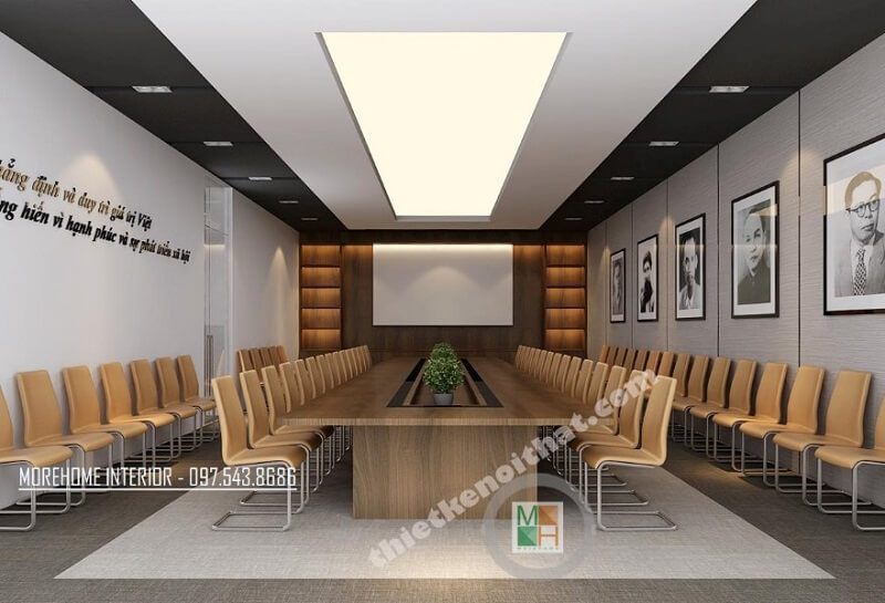 Phòng họp văn phòng công ty VCC được thiết kế hiện đại đẹp với đồ nội thất văn phòng đơn giản, tiện lợi với tông màu chủ đạo trắng vàng với sức chứ hơn 60 người.