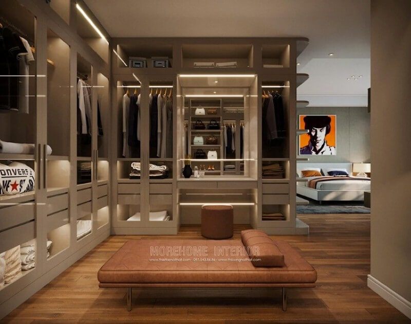 Trang trí nội thất phòng ngủ master ấn tượng với tủ quần áo lớn nhiều hộc tủ.
