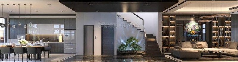 Bố trí nhà vệ sinh gầm cầu thang, tiểu cảnh độc đáo tạo góc nhìn ấn tượng cho phòng khách liền bếp biệt thự, nhà phố.