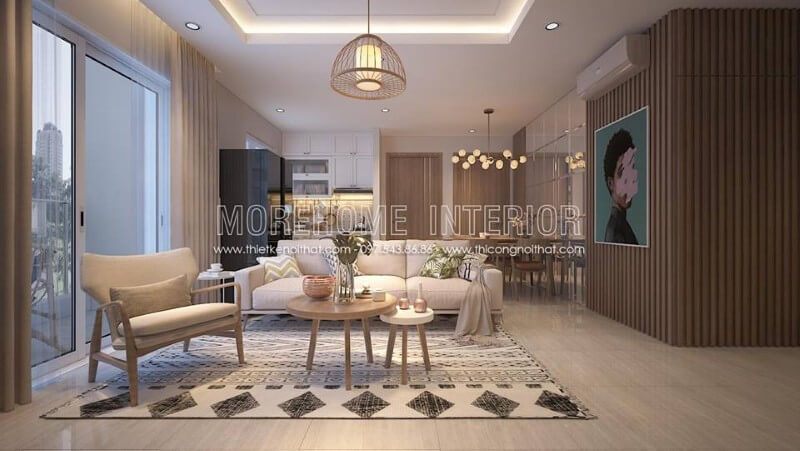 Một chiếc sofa chữ I bằng vải khung gỗ cùng ghế thư giãn khiến phòng khách thêm phần tiện nghi