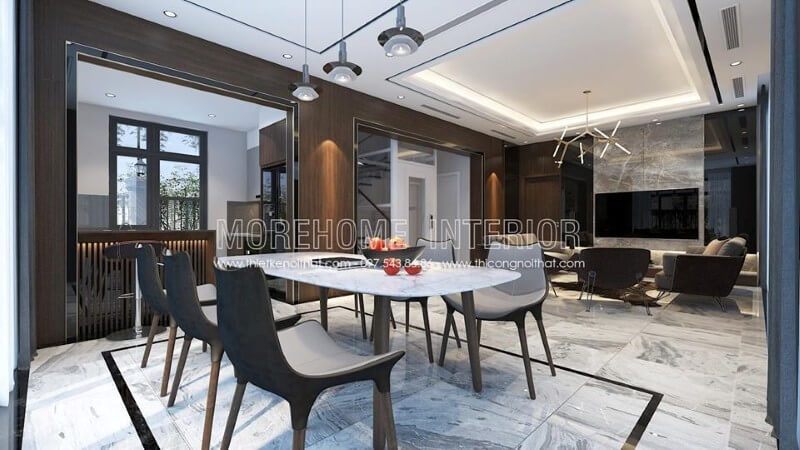 Không gian ăn uống luôn thoáng mát và sạch sẽ, bộ bàn ăn hiện đại được làm từ chất liệu gỗ tự nhiên nhập khẩu, phủ sơn cao cấp và phần mặt bàn ăn ốp đá nhân tạo vân mây cao sẽ làm cho bạn có những ấn tượng tuyệt vời.